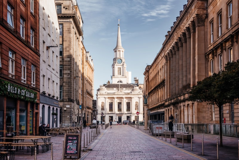 Merchant City Glasgow hop on hop off bus tour district - historic architecture and shopping on Red Route stops