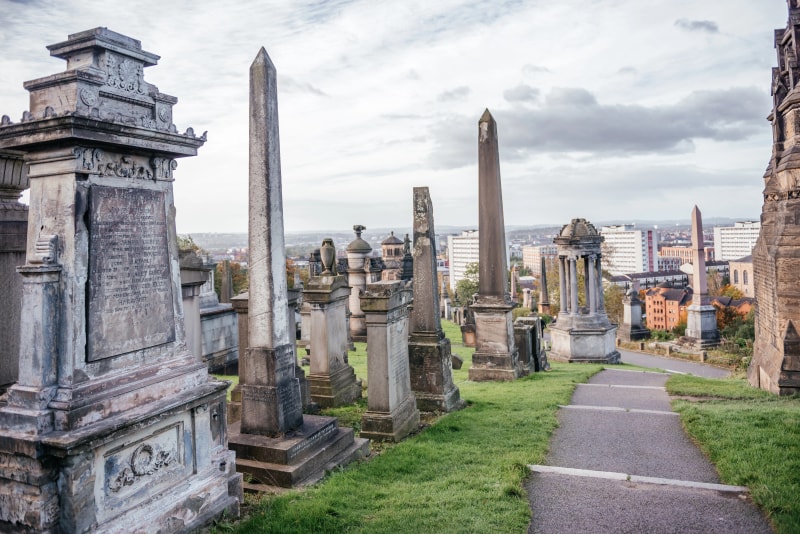 The Necropolis Glasgow hop on hop off sightseeing bus stop - Victorian cemetery near Glasgow Cathedral on Red Route tour