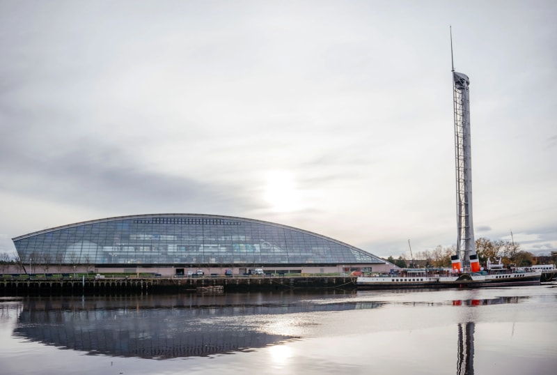 Glasgow Science Centre hop on hop off bus stop - Yellow Route sightseeing tour attraction at Pacific Quay