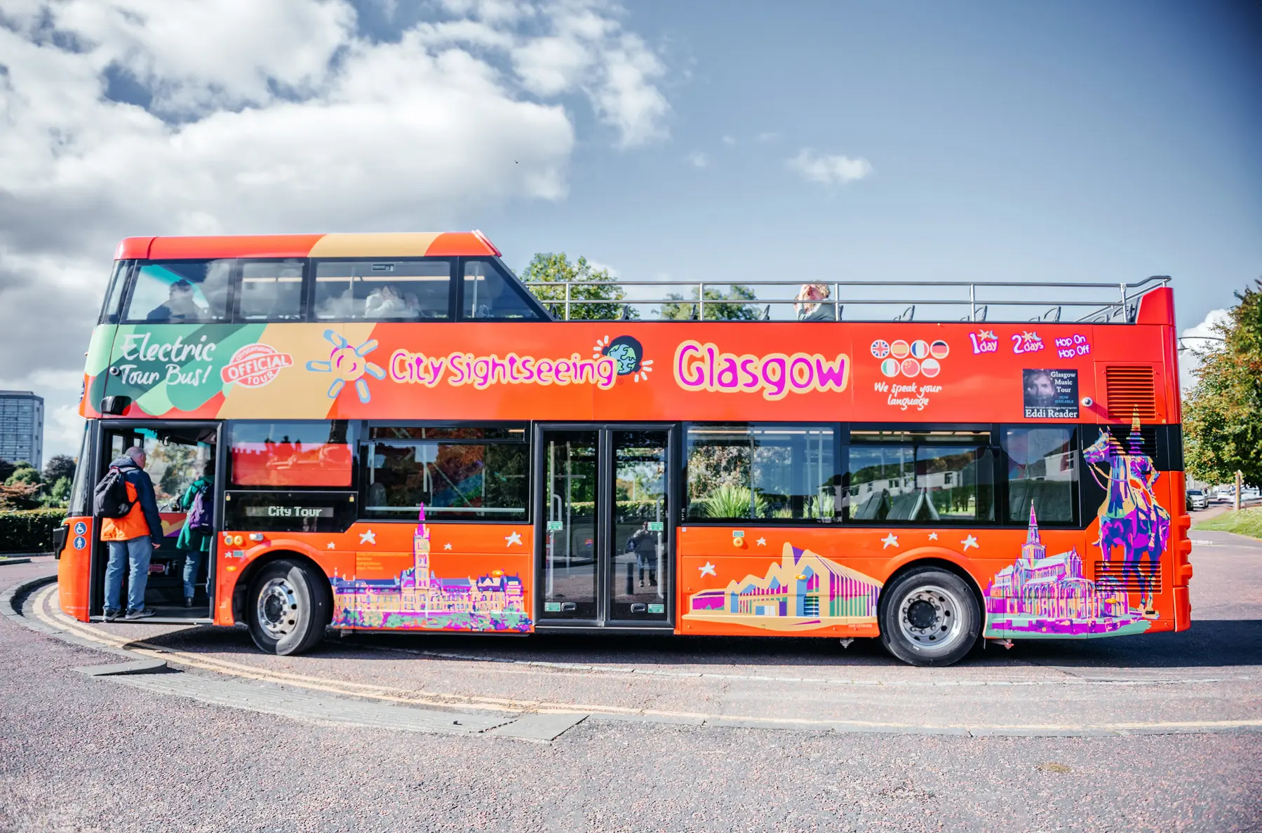 Glasgow Hop On Hop Off Bus - City Sightseeing double-decker tour bus in vibrant red and orange colors with Glasgow landmarks illustration